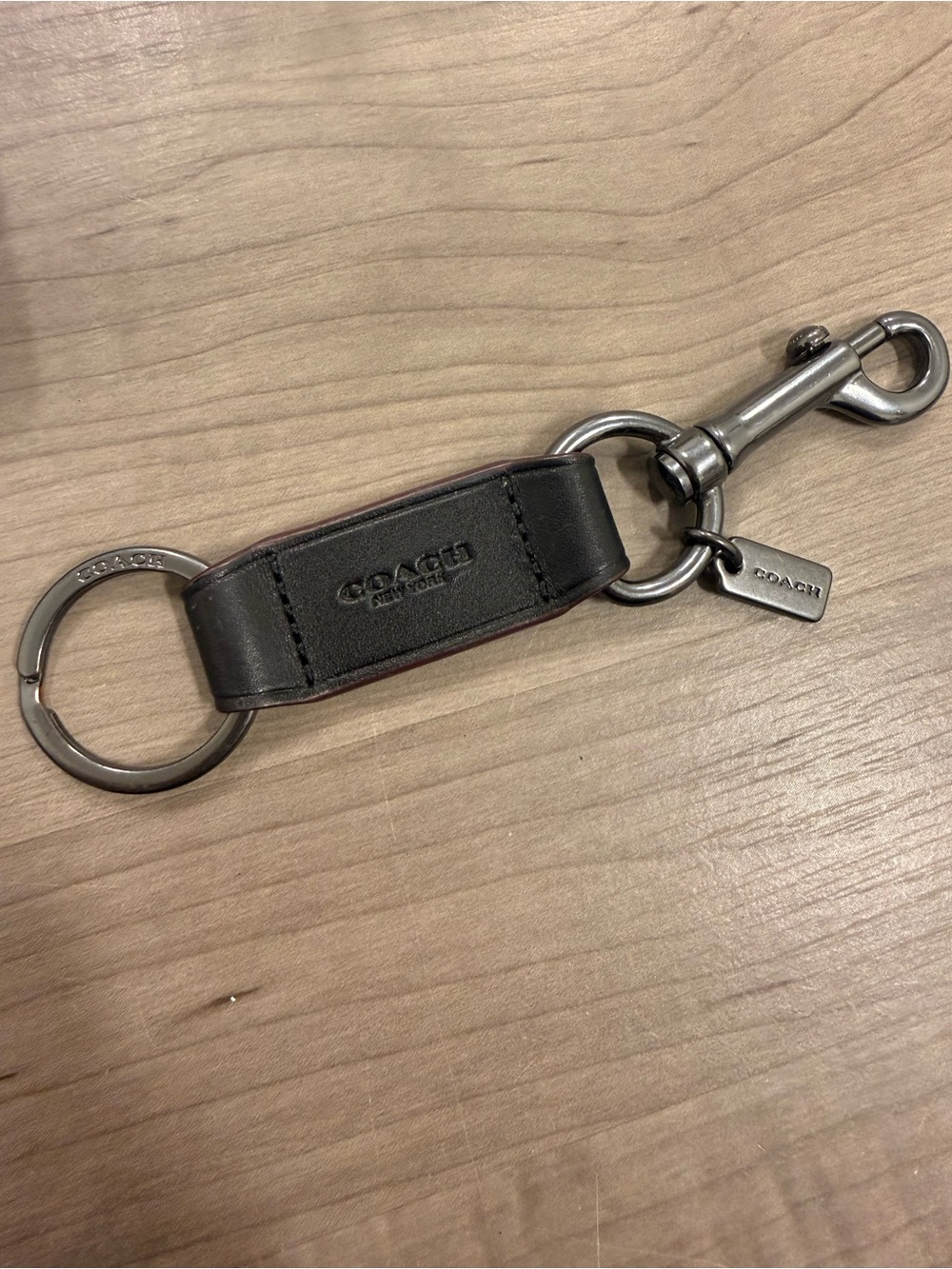 Coach Black Leather Key Ring with Gunmetal Hardware